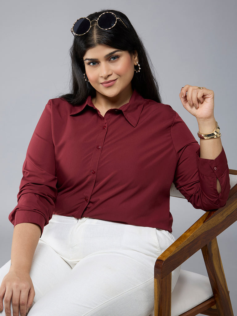 Style Quotient Plus Size Women Solid Maroon Polycotton formal shirt-Shirts-StyleQuotient