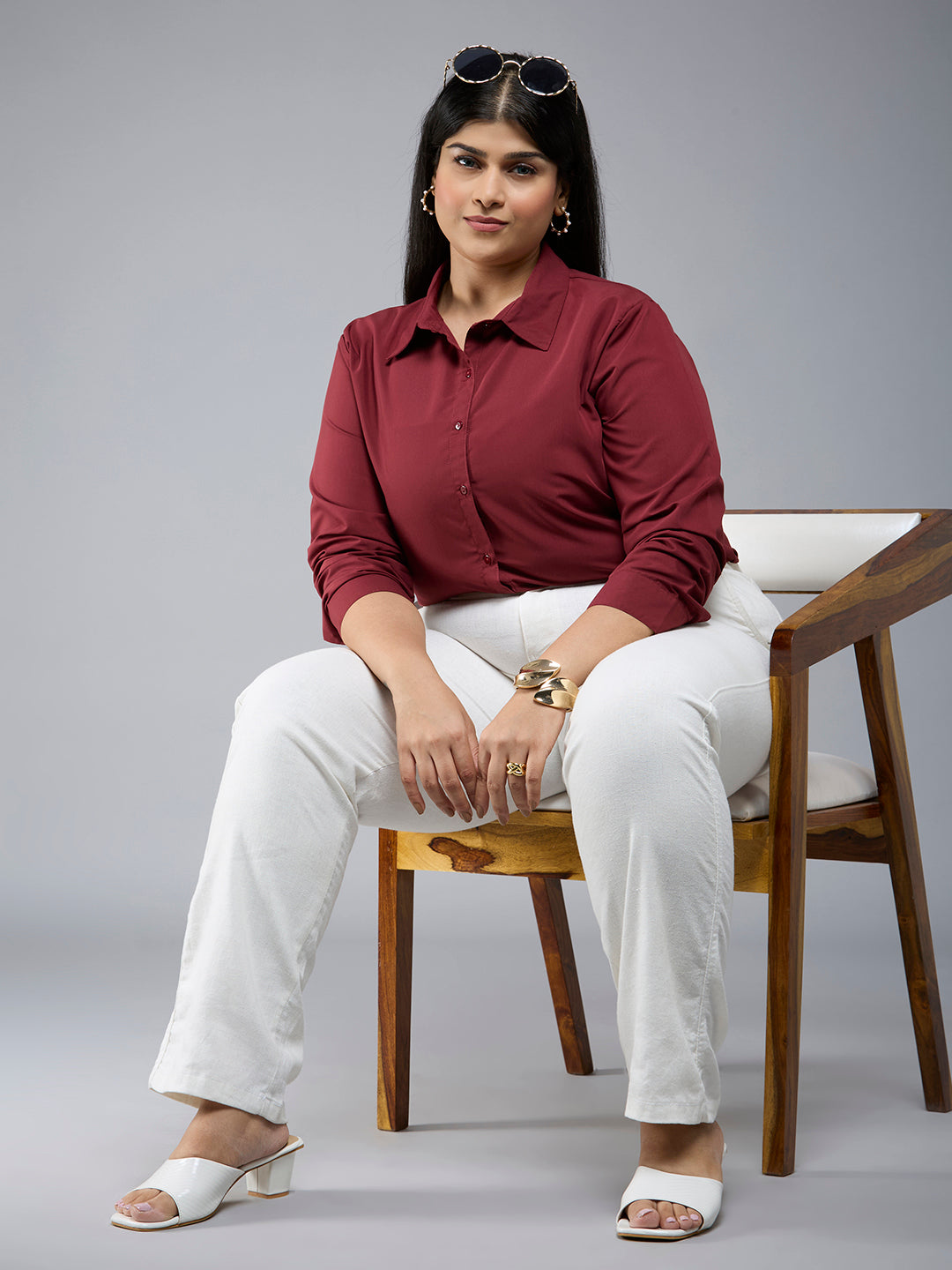 Style Quotient Plus Size Women Solid Maroon Polycotton formal shirt-Shirts-StyleQuotient