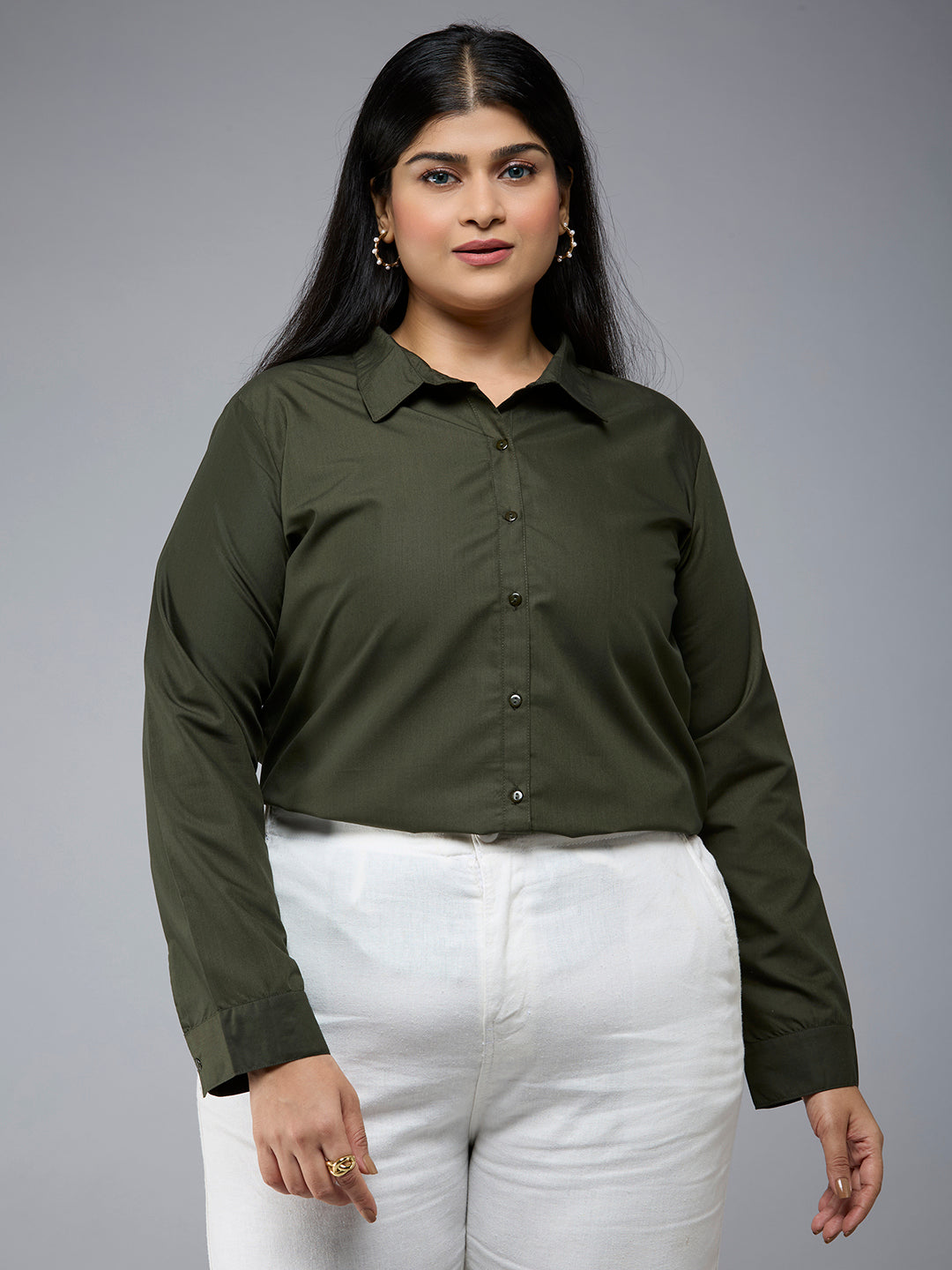 Style Quotient Plus Size Women Solid Olive Polycotton formal shirt-Shirts-StyleQuotient