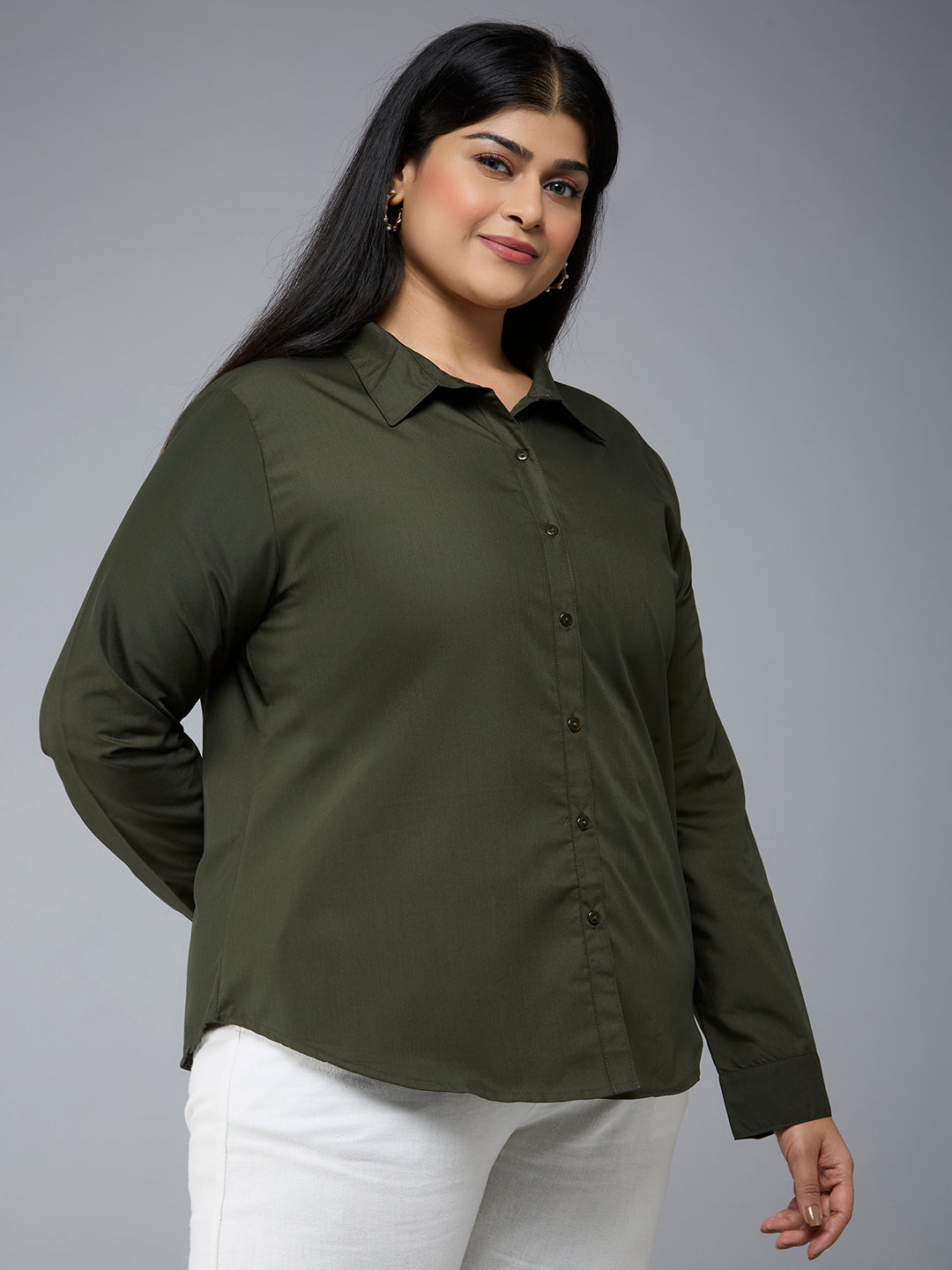 Style Quotient Plus Size Women Solid Olive Polycotton formal shirt-Shirts-StyleQuotient