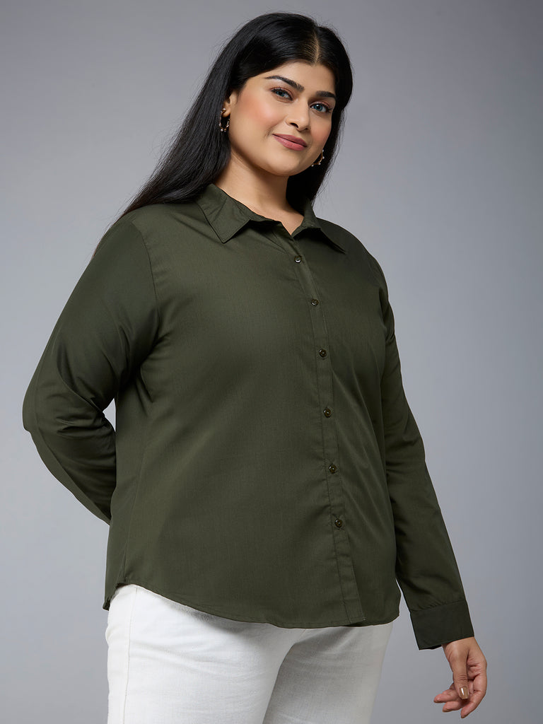 Style Quotient Plus Size Women Solid Olive Polycotton formal shirt-Shirts-StyleQuotient