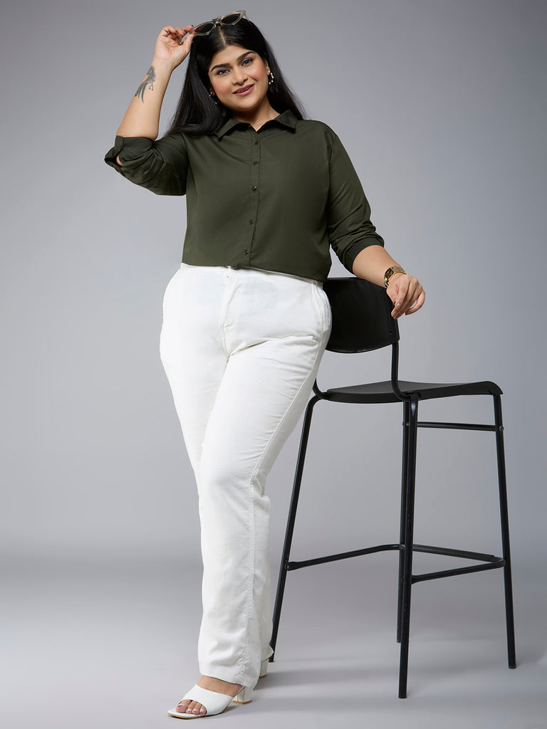 Style Quotient Plus Size Women Solid Olive Polycotton formal shirt-Shirts-StyleQuotient