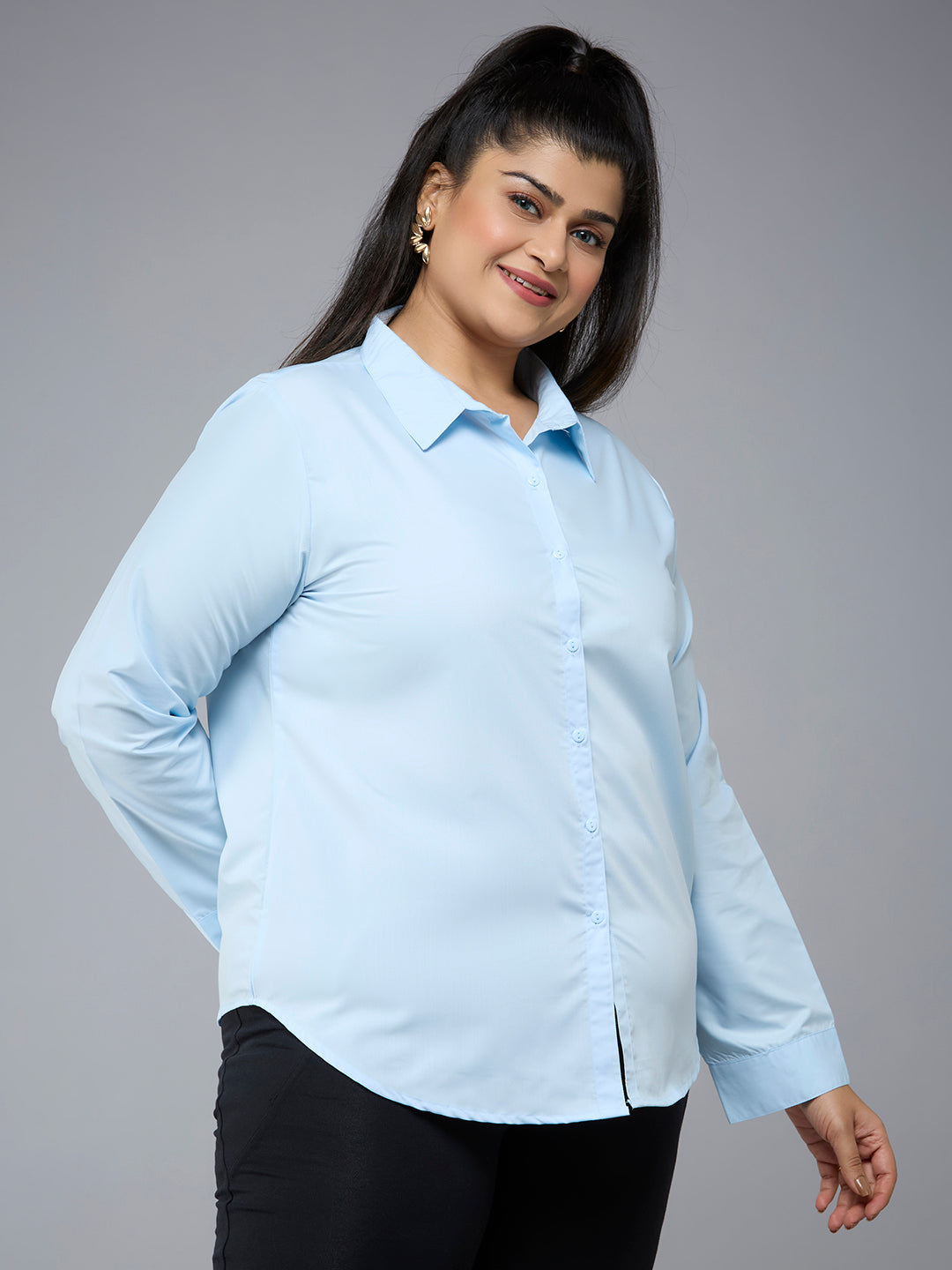 Style Quotient Plus Size Women Solid Sky Blue Polycotton formal shirt-Shirts-StyleQuotient