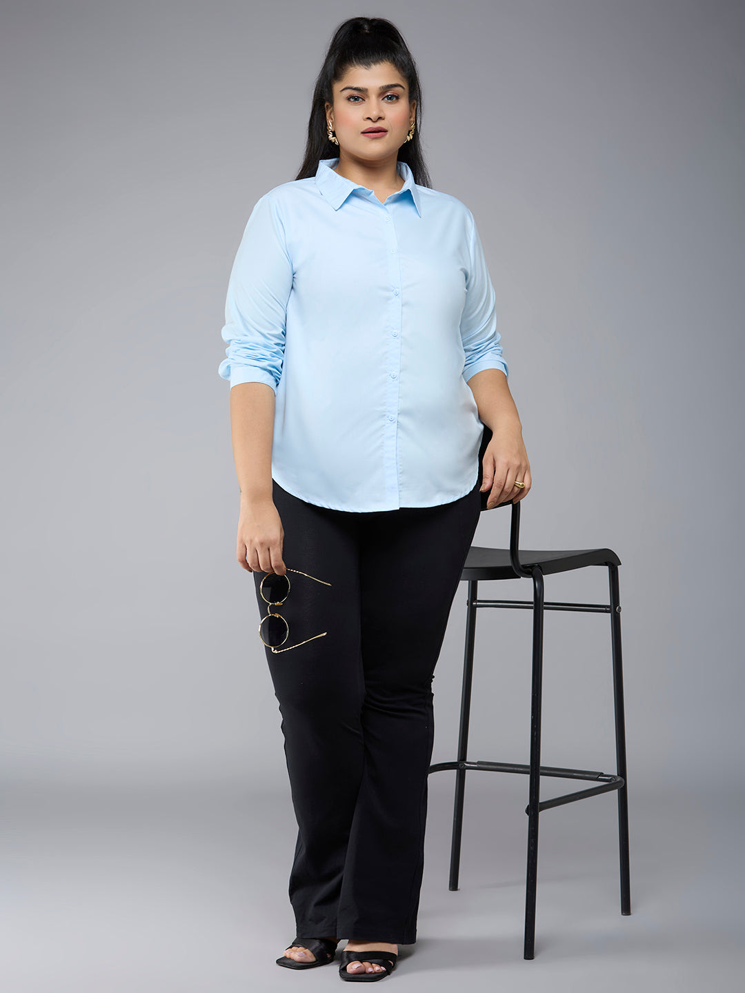 Style Quotient Plus Size Women Solid Sky Blue Polycotton formal shirt-Shirts-StyleQuotient
