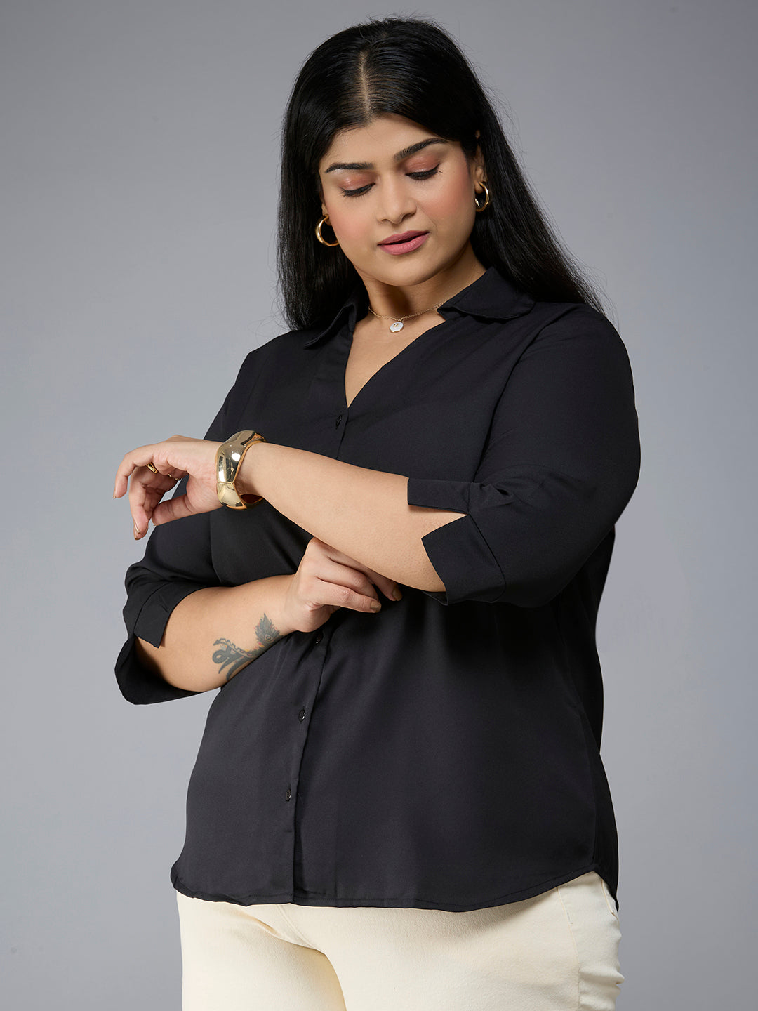 Style Quotient Plus Size Women Solid Black Polymoss Semi Formal Shirt-Shirts-StyleQuotient
