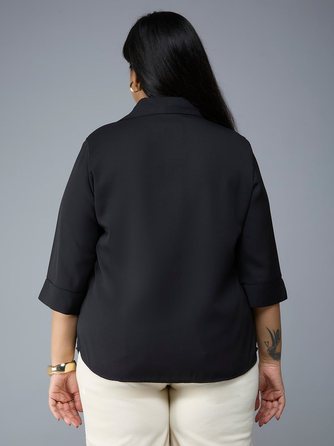 Style Quotient Plus Size Women Solid Black Polymoss Semi Formal Shirt-Shirts-StyleQuotient