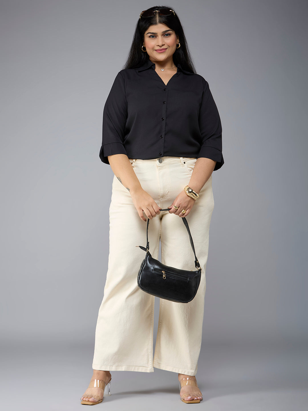 Style Quotient Plus Size Women Solid Black Polymoss Semi Formal Shirt-Shirts-StyleQuotient