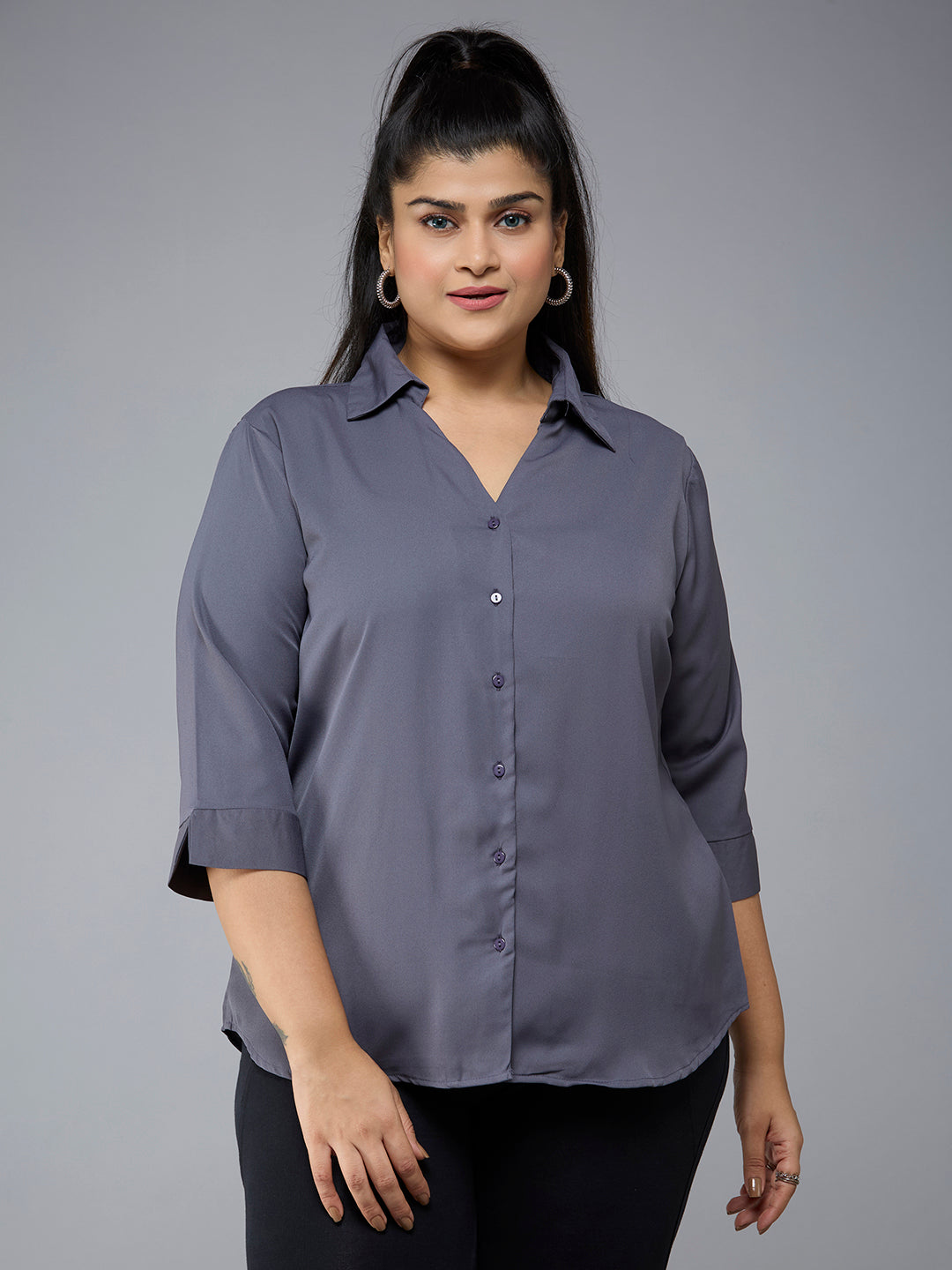 Style Quotient Plus Size Women Solid Grey Polymoss Semi Formal Shirt-Shirts-StyleQuotient