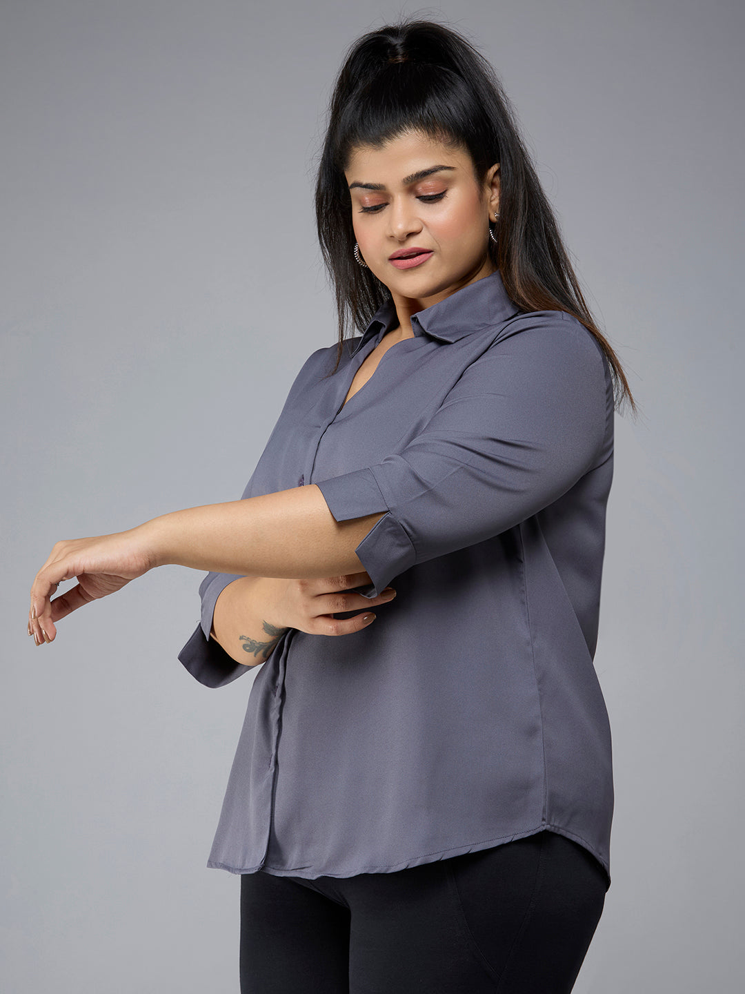Style Quotient Plus Size Women Solid Grey Polymoss Semi Formal Shirt-Shirts-StyleQuotient