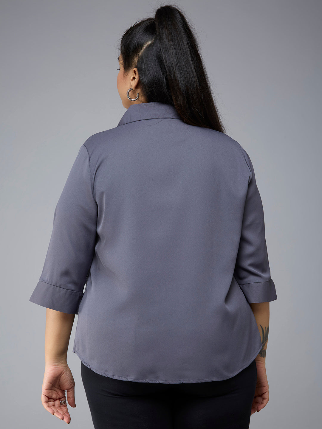 Style Quotient Plus Size Women Solid Grey Polymoss Semi Formal Shirt-Shirts-StyleQuotient