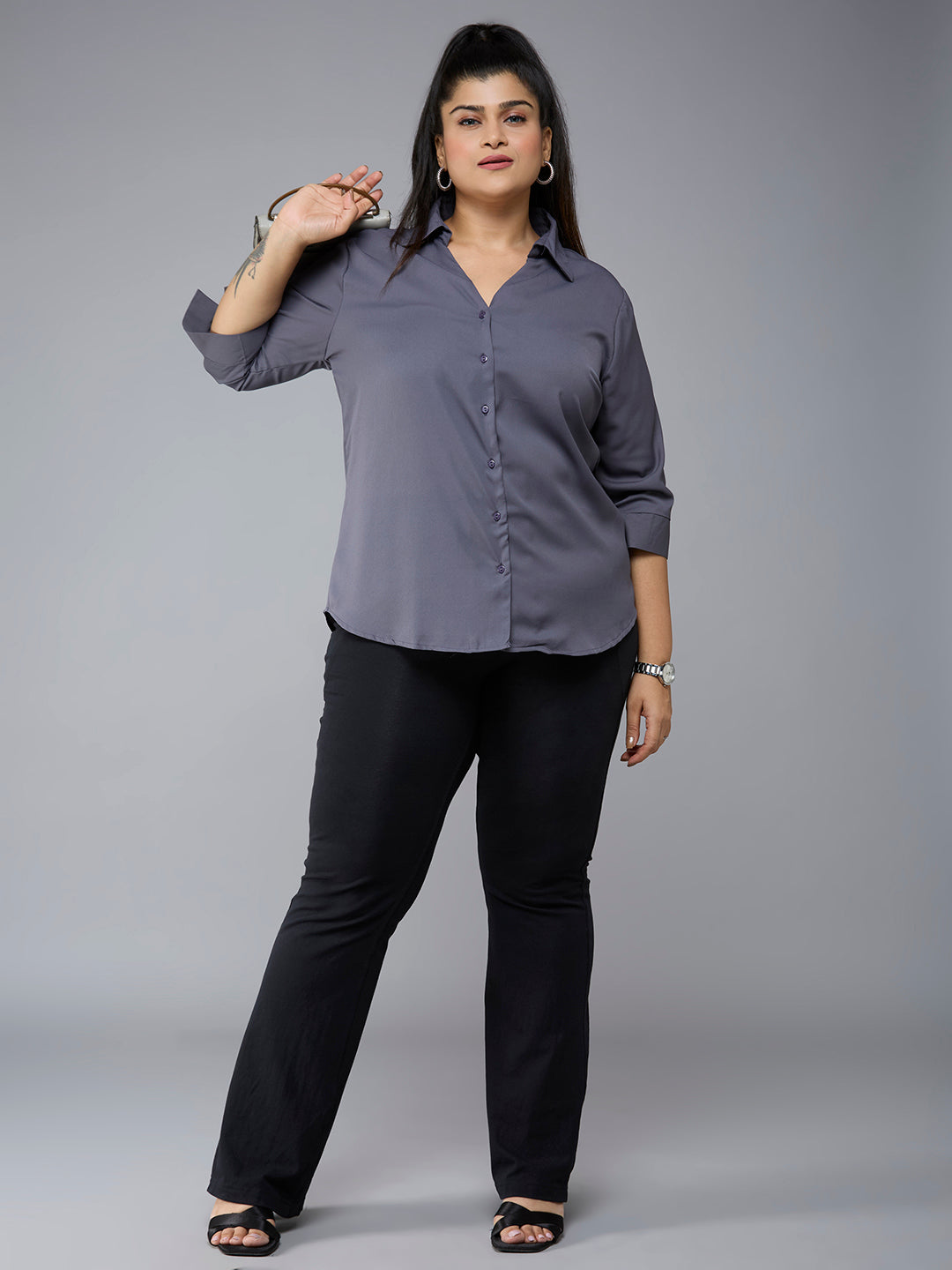 Style Quotient Plus Size Women Solid Grey Polymoss Semi Formal Shirt-Shirts-StyleQuotient