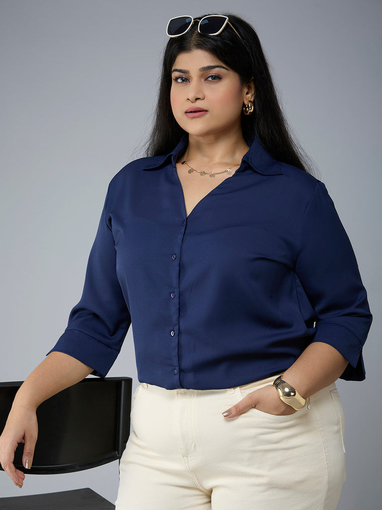 Style Quotient Plus Size Women Solid Navy Polymoss Semi Formal Shirt-Shirts-StyleQuotient
