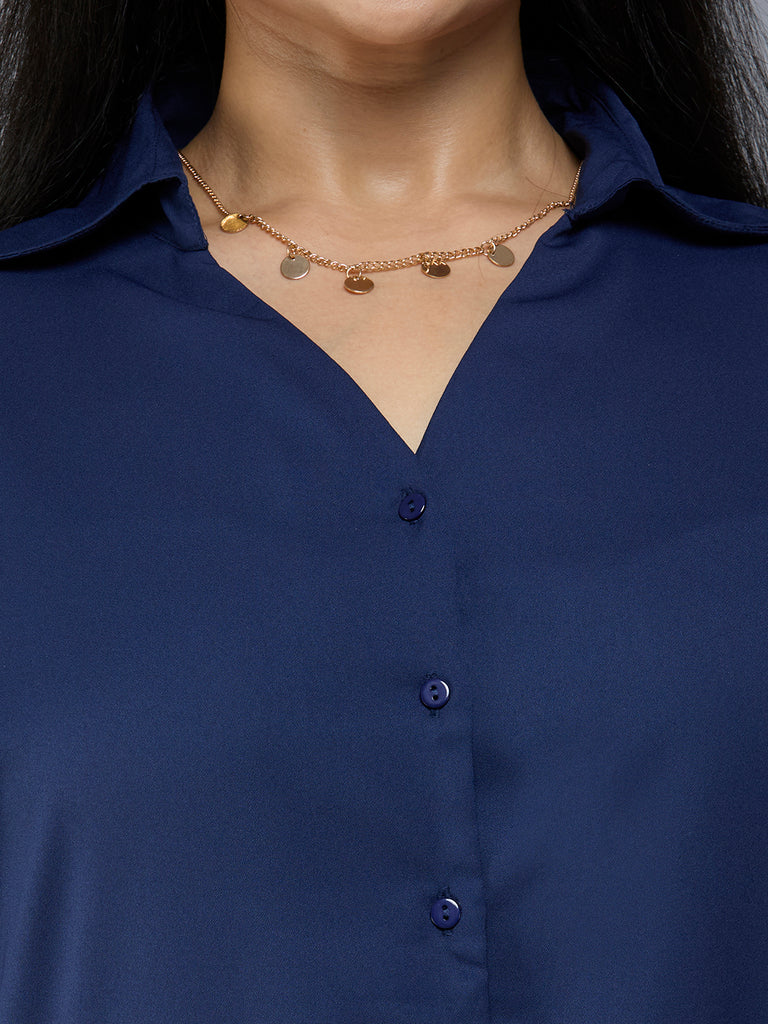 Style Quotient Plus Size Women Solid Navy Polymoss Semi Formal Shirt-Shirts-StyleQuotient