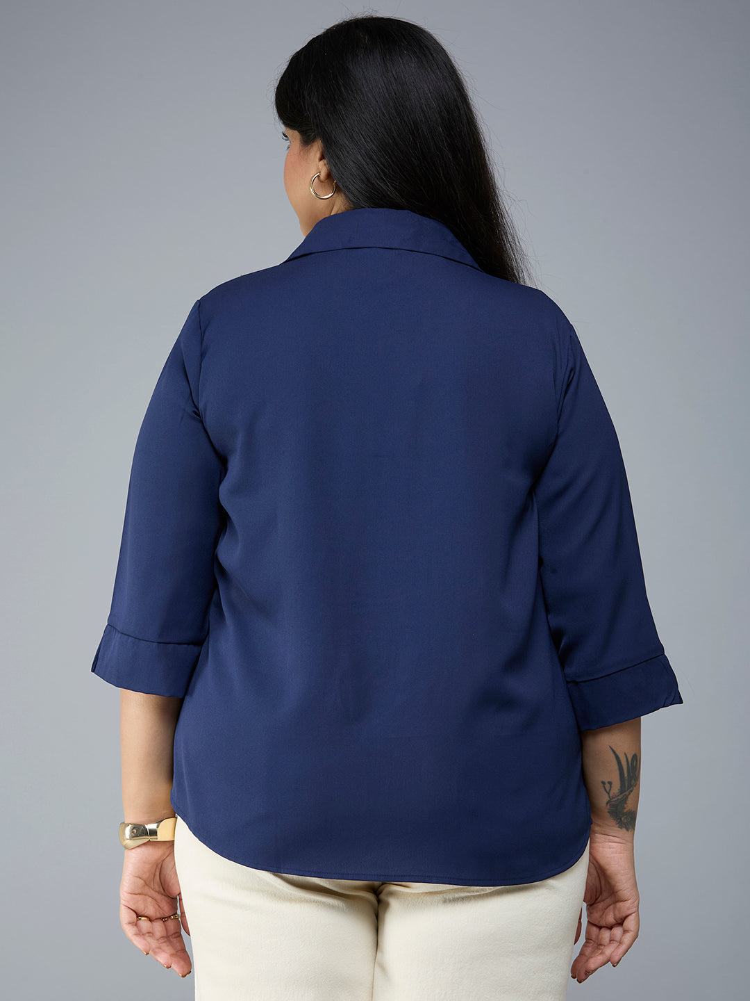 Style Quotient Plus Size Women Solid Navy Polymoss Semi Formal Shirt-Shirts-StyleQuotient