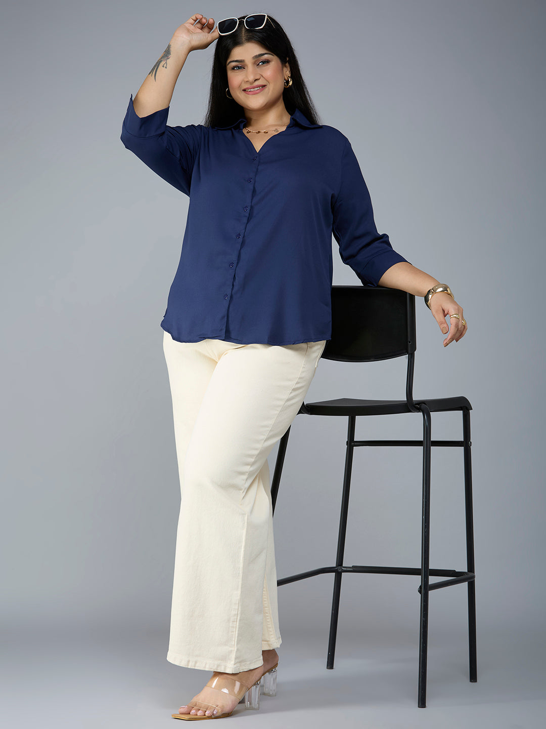 Style Quotient Plus Size Women Solid Navy Polymoss Semi Formal Shirt-Shirts-StyleQuotient