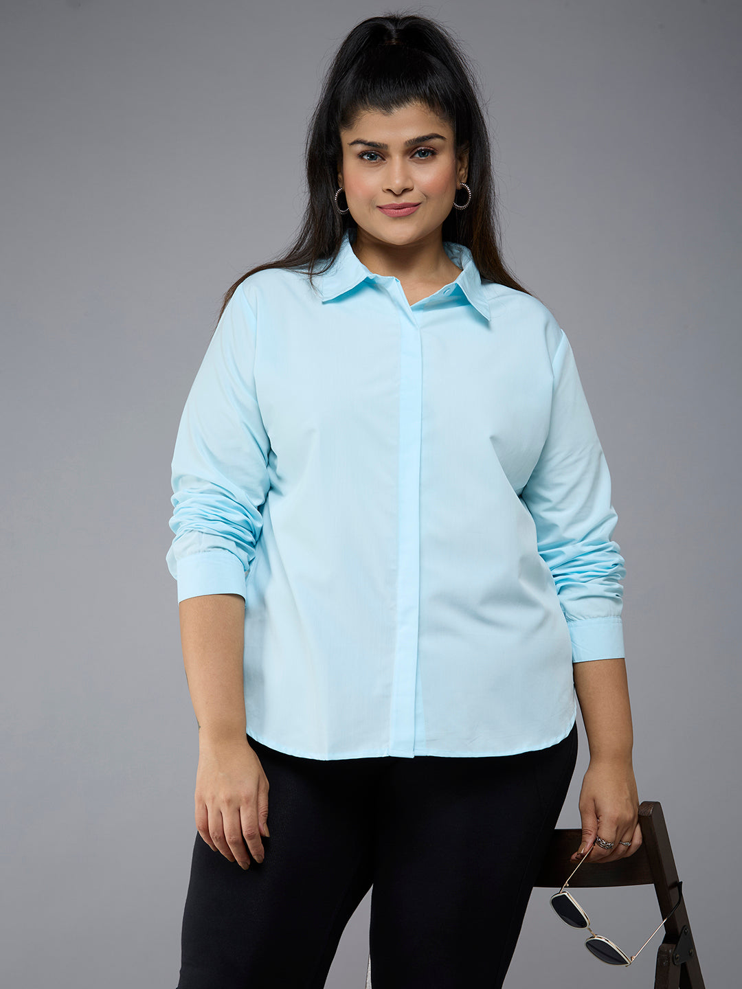 Style Quotient Plus Size Women Solid Light Blue Polycotton formal shirt-Shirts-StyleQuotient
