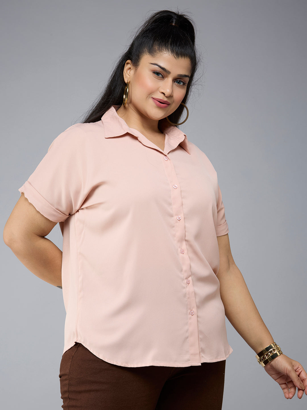 Style Quotient Plus Size Women Nude Solid Formal Shirt-Shirts-StyleQuotient