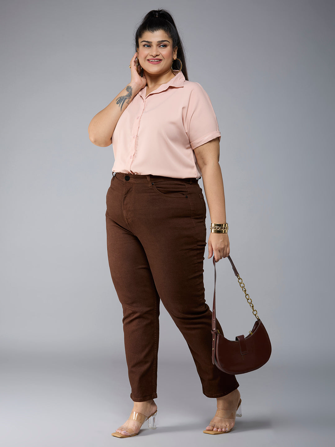 Style Quotient Plus Size Women Nude Solid Formal Shirt-Shirts-StyleQuotient