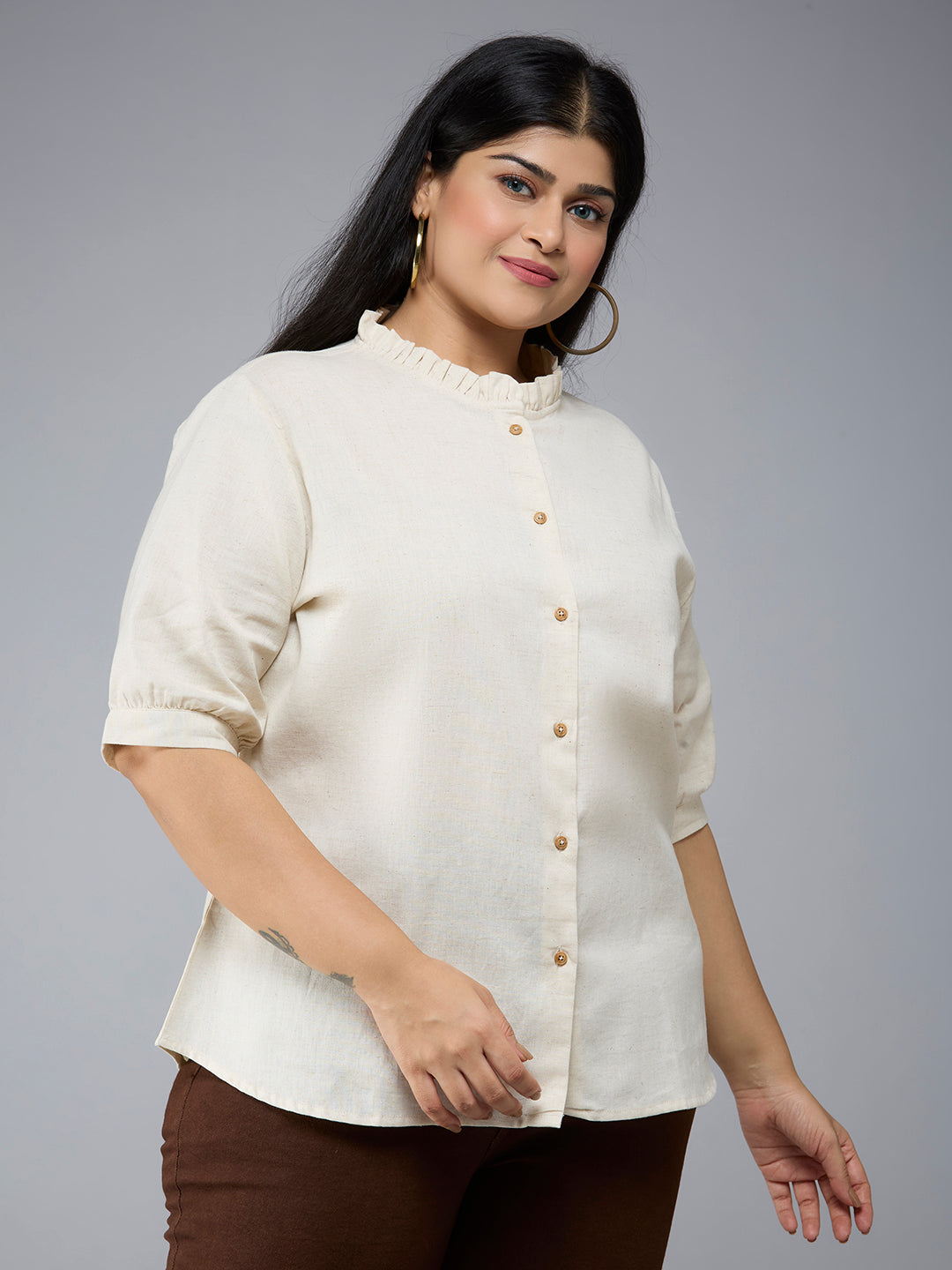 Style Quotient Plus Size Women Solid Beige Cotton formal shirt-Shirts-StyleQuotient