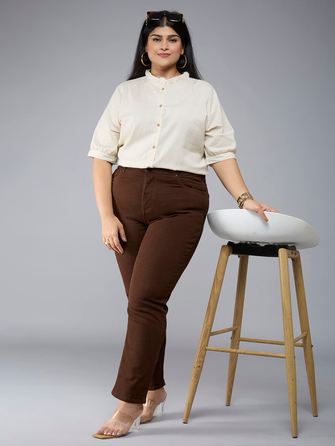 Style Quotient Plus Size Women Solid Beige Cotton formal shirt-Shirts-StyleQuotient