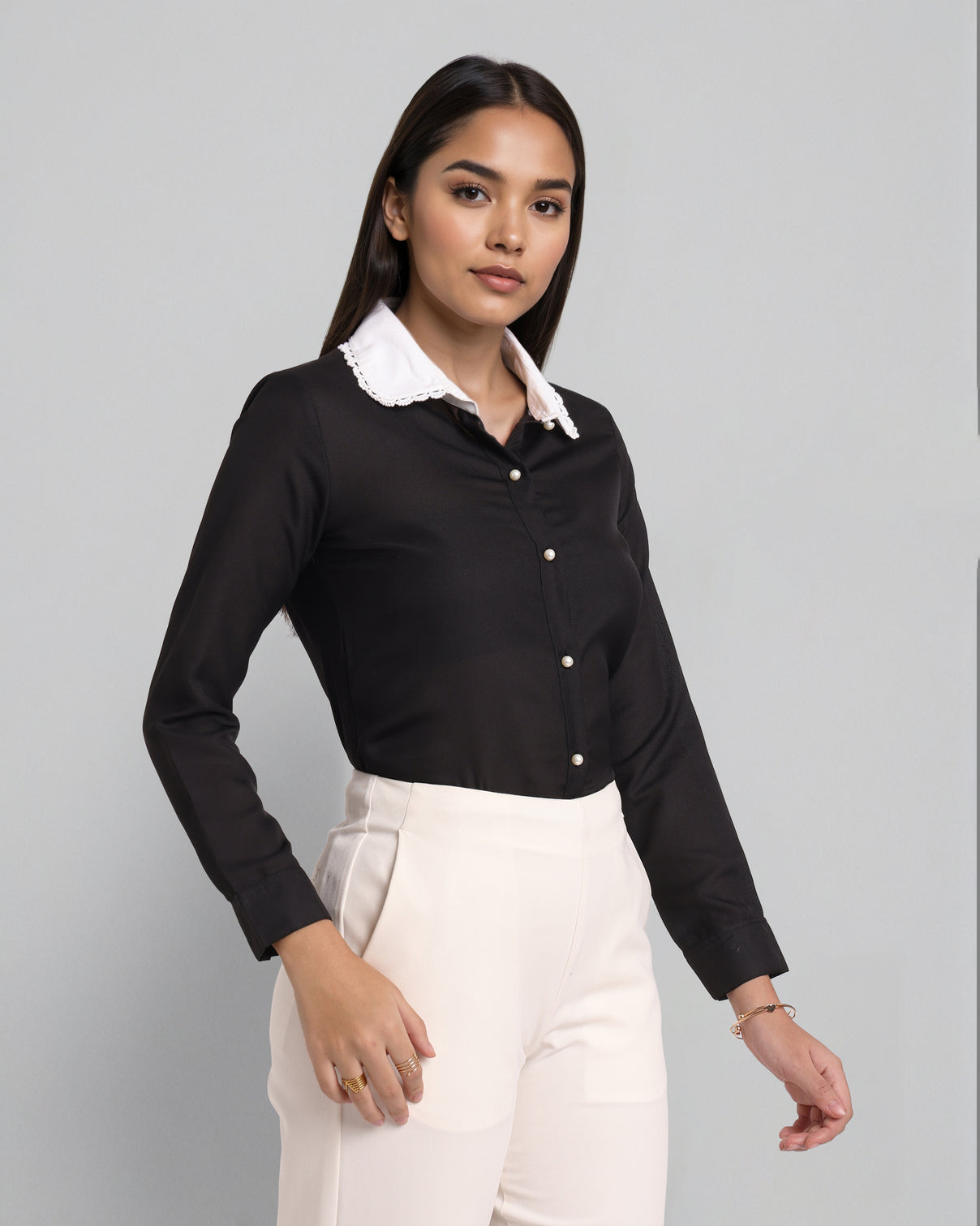 Style Quotient Women Black And White Solid Polyester Formal Shirt-Shirts-StyleQuotient