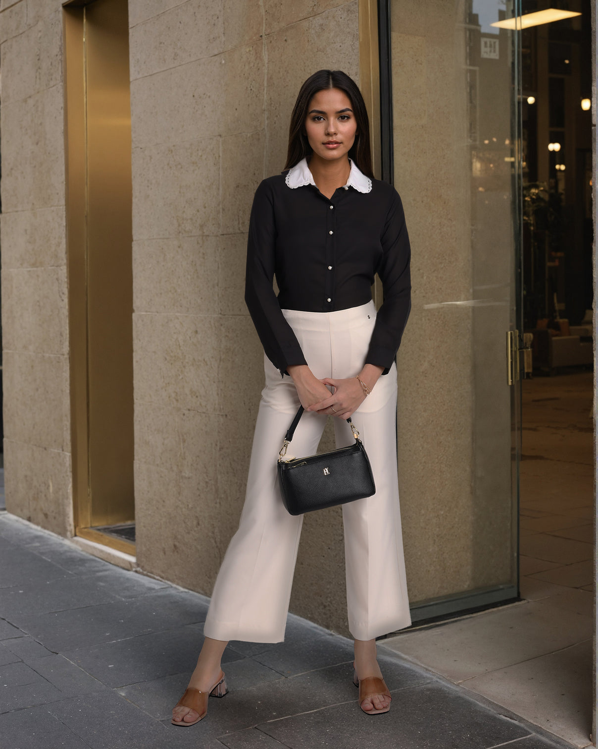 Style Quotient Women Black And White Solid Polyester Formal Shirt-Shirts-StyleQuotient