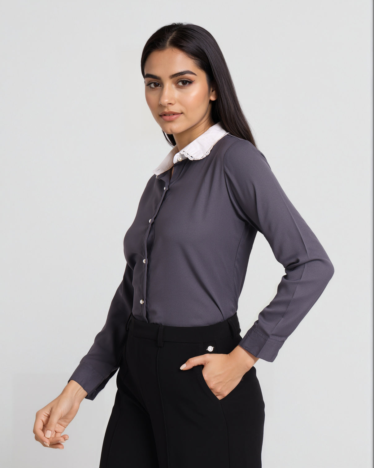 Style Quotient Women Grey And White Solid Polyester Formal Shirt-Shirts-StyleQuotient