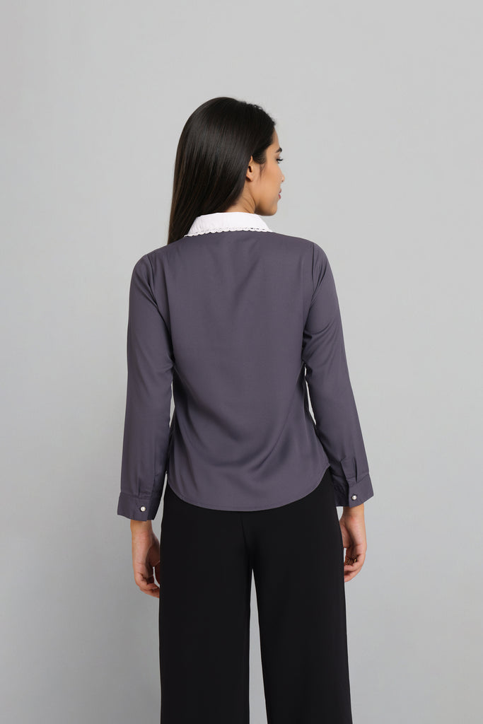 Style Quotient Women Grey And White Solid Polyester Formal Shirt-Shirts-StyleQuotient