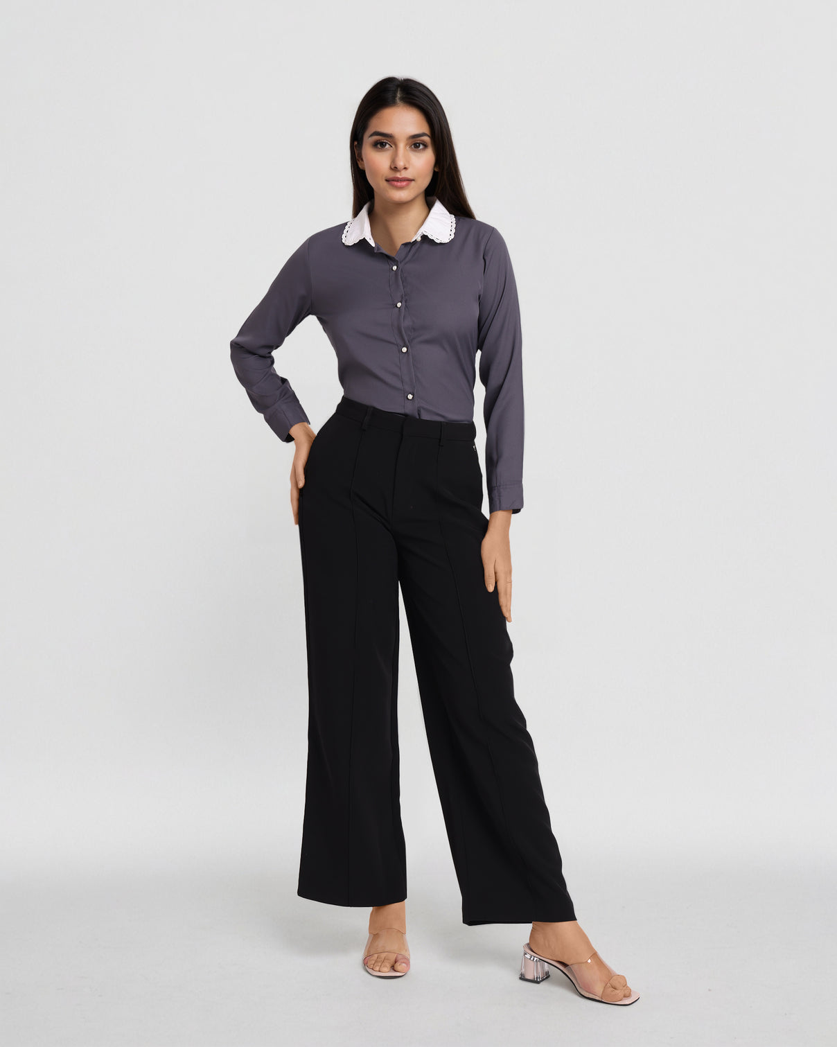 Style Quotient Women Grey And White Solid Polyester Formal Shirt-Shirts-StyleQuotient