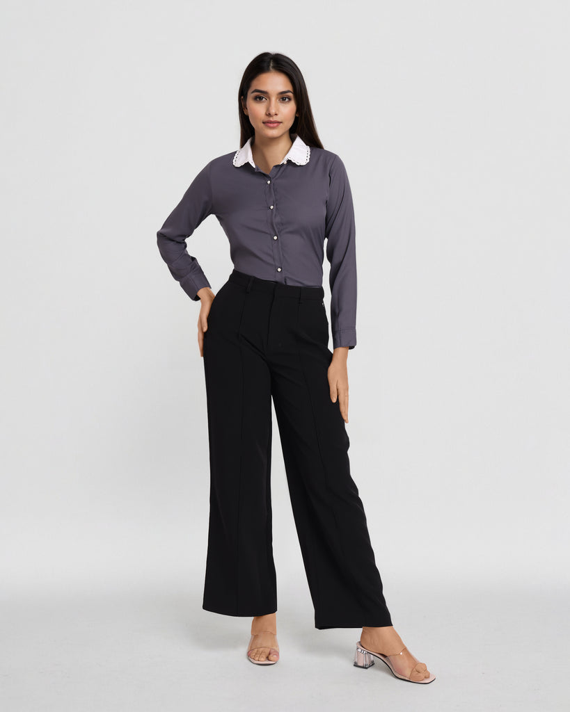 Style Quotient Women Grey And White Solid Polyester Formal Shirt-Shirts-StyleQuotient