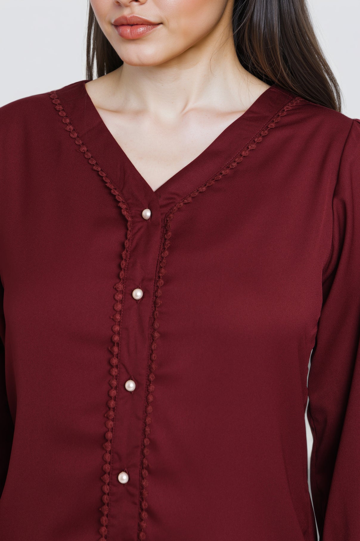 Style Quotient Women Solid Maroon Polymoss Regular Fit Formal Lace Insert Shirt-Shirts-StyleQuotient