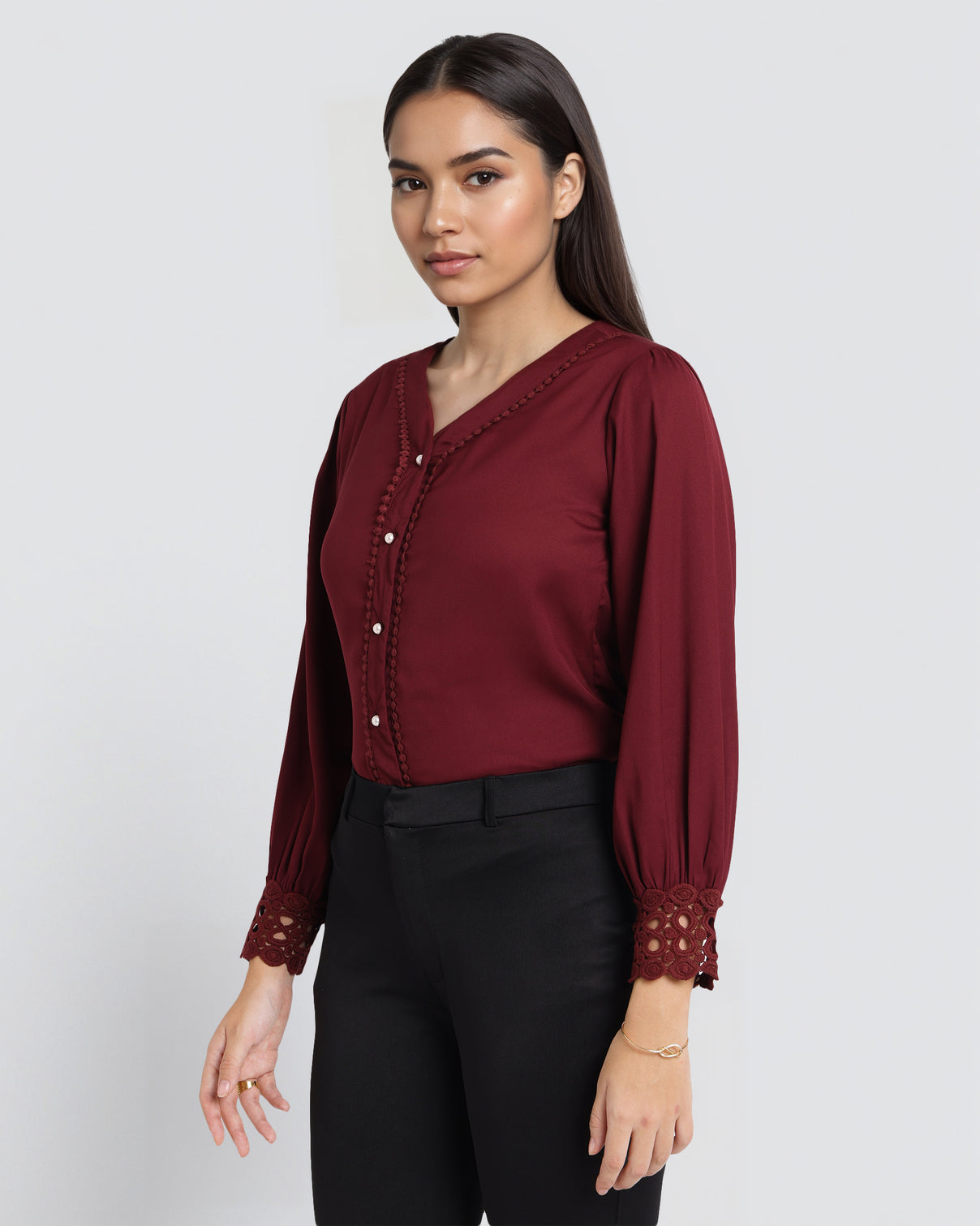 Style Quotient Women Solid Maroon Polymoss Regular Fit Formal Lace Insert Shirt-Shirts-StyleQuotient