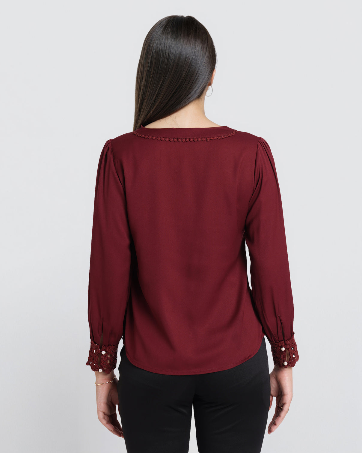 Style Quotient Women Solid Maroon Polymoss Regular Fit Formal Lace Insert Shirt-Shirts-StyleQuotient