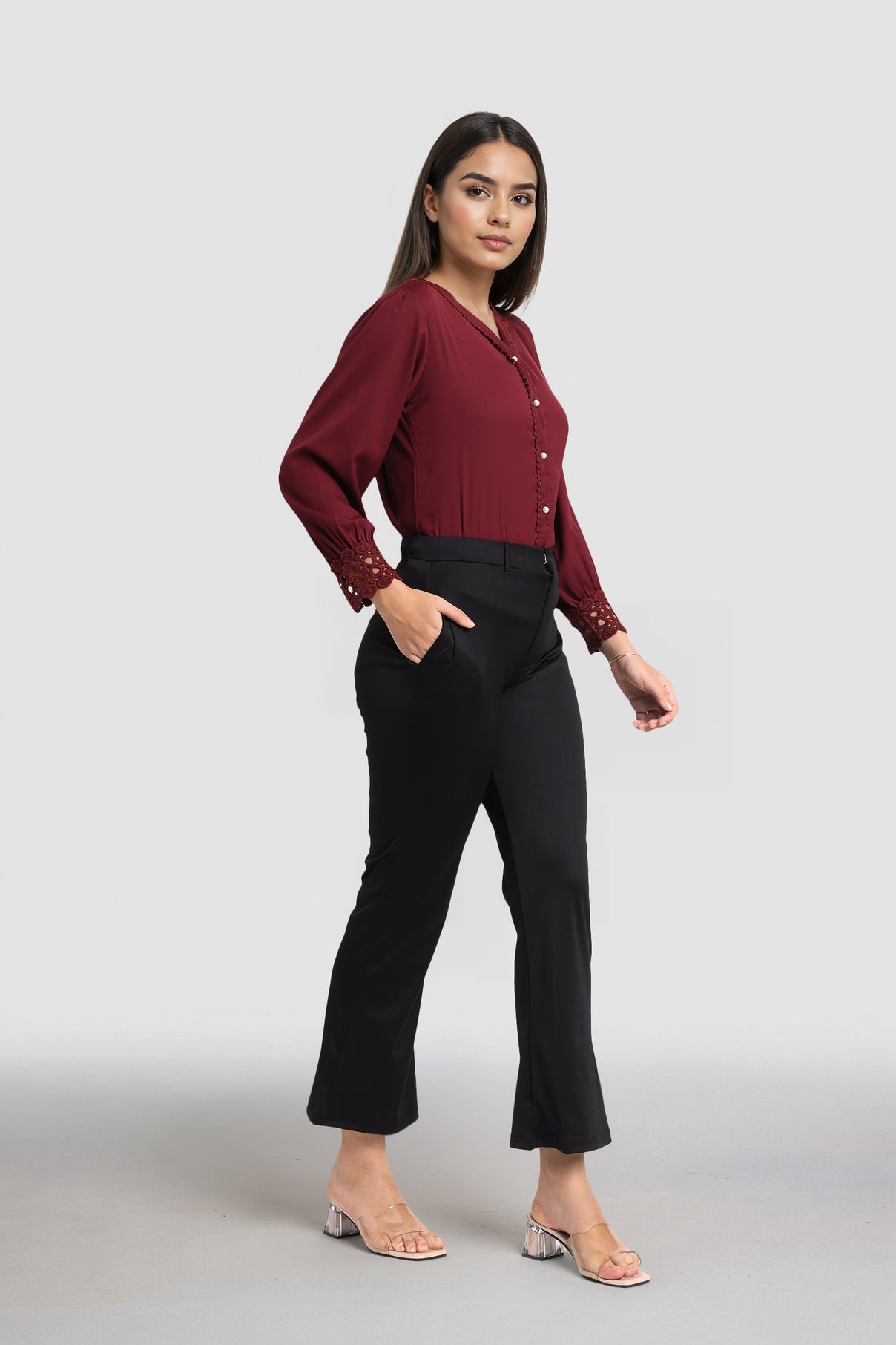 Style Quotient Women Solid Maroon Polymoss Regular Fit Formal Lace Insert Shirt-Shirts-StyleQuotient