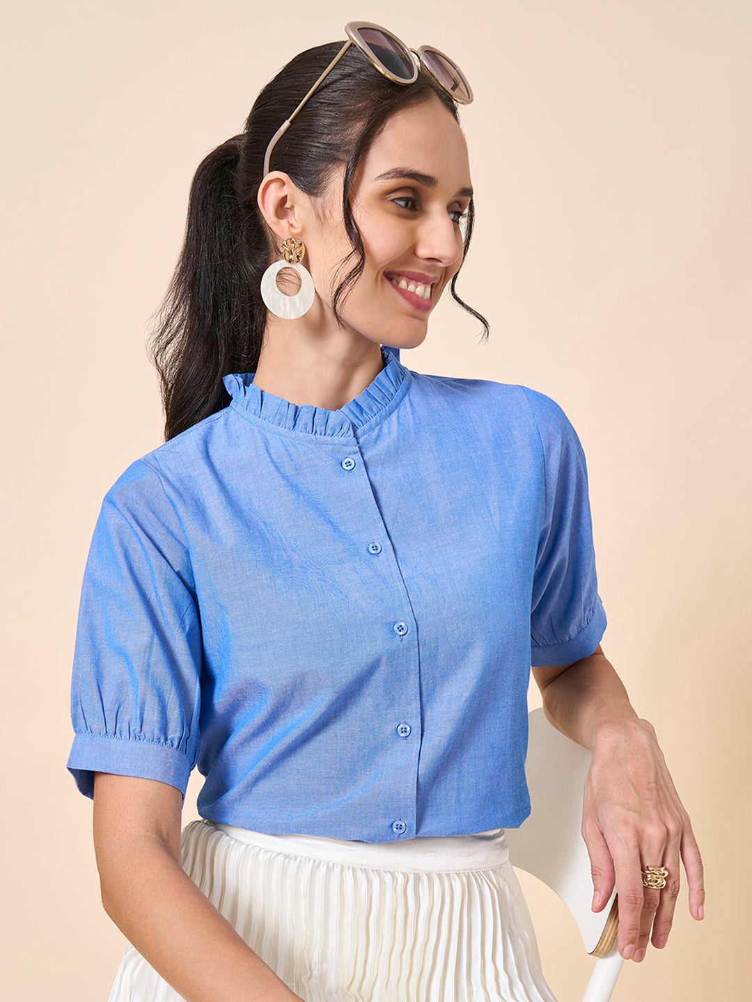 Style Quotient Women Solid Blue Regular Fit Cotton Formal Shirt-Shirts-StyleQuotient