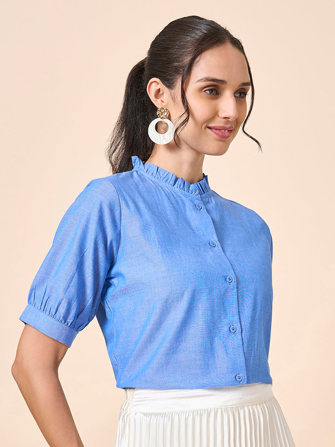 Style Quotient Women Solid Blue Regular Fit Cotton Formal Shirt-Shirts-StyleQuotient