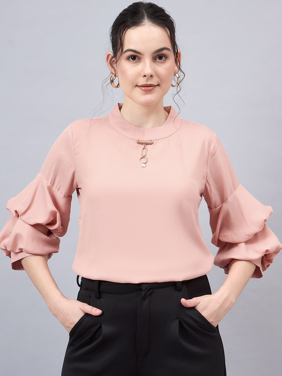 Style Quotient Women Peach-Coloured Solid Top-Tops-StyleQuotient