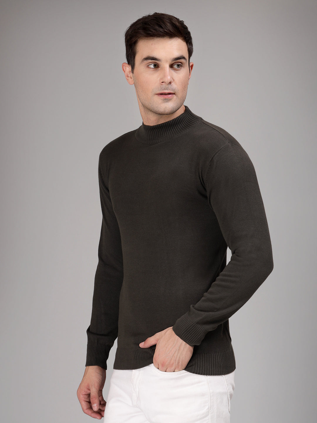 Style Quotient Men Solid Dark Green Knitted Regular Sweater-Men's Sweaters-StyleQuotient