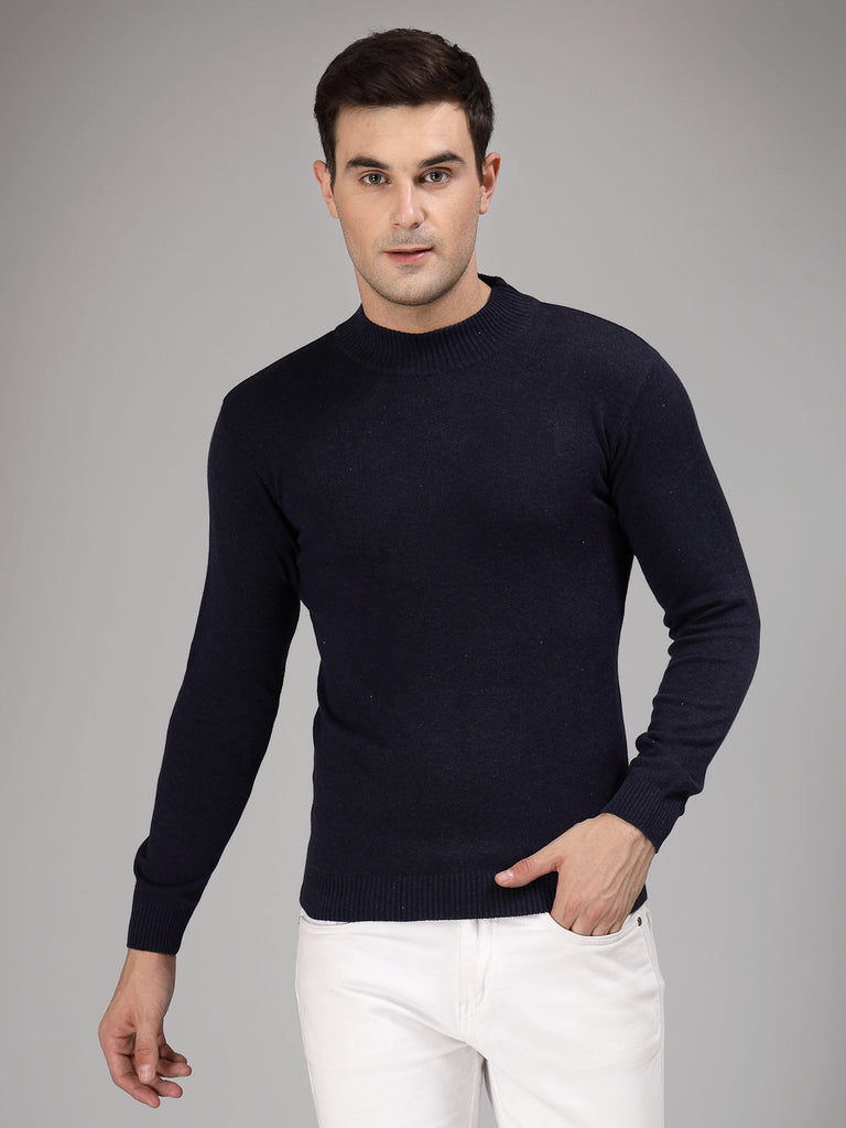Style Quotient Men Solid Dark Blue Knitted Regular Sweater-Men's Sweaters-StyleQuotient
