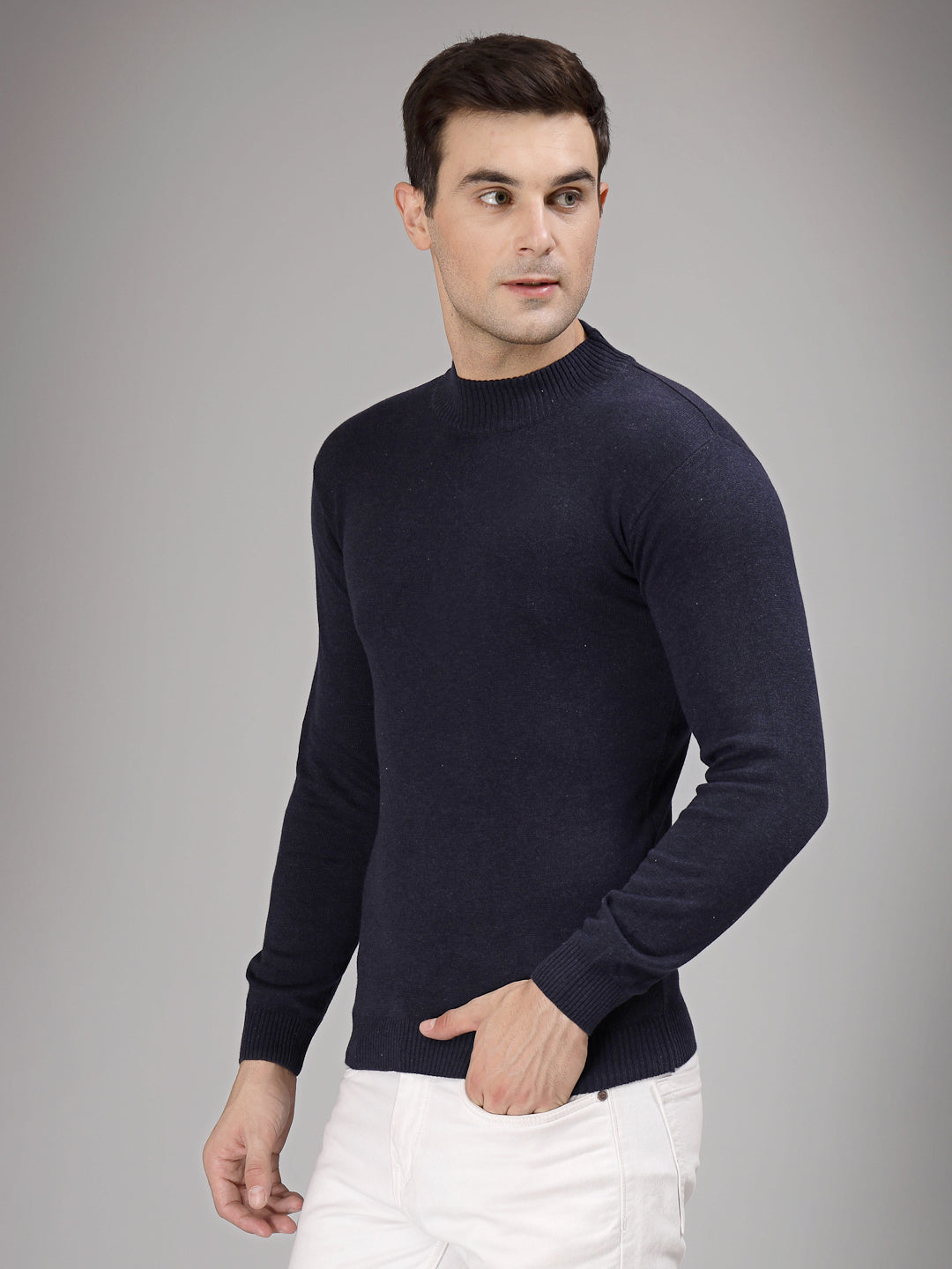 Style Quotient Men Solid Dark Blue Knitted Regular Sweater-Men's Sweaters-StyleQuotient