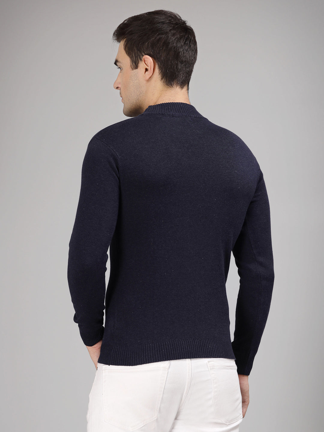 Style Quotient Men Solid Dark Blue Knitted Regular Sweater-Men's Sweaters-StyleQuotient