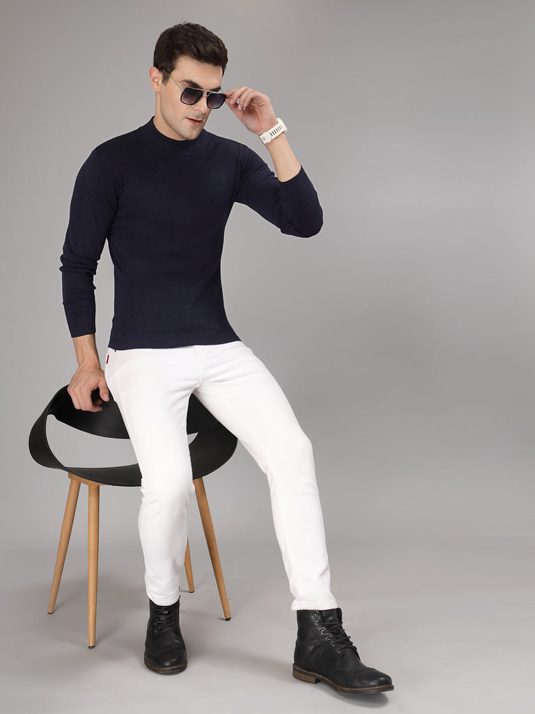 Style Quotient Men Solid Dark Blue Knitted Regular Sweater-Men's Sweaters-StyleQuotient