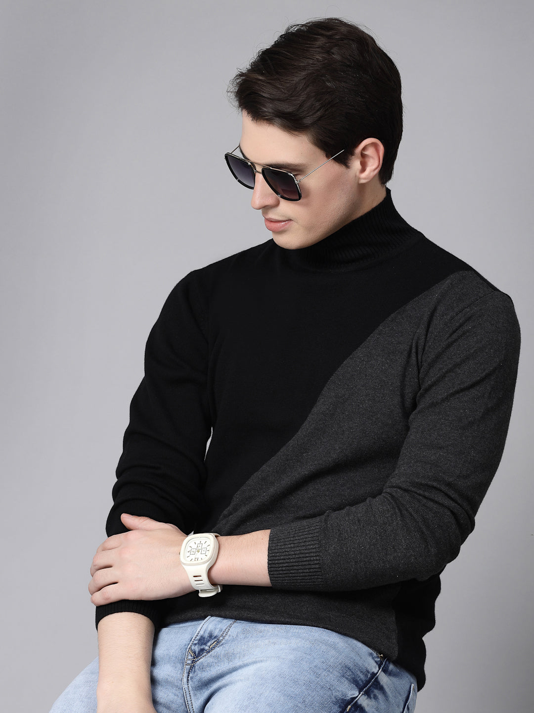 Style Quotient Men Gray black Colourblocked Pullover sweatshirt-Sweaters-StyleQuotient