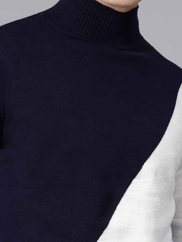 Style Quotient Men Navy Blue White Colourblocked Pullover sweatshirt-Sweaters-StyleQuotient