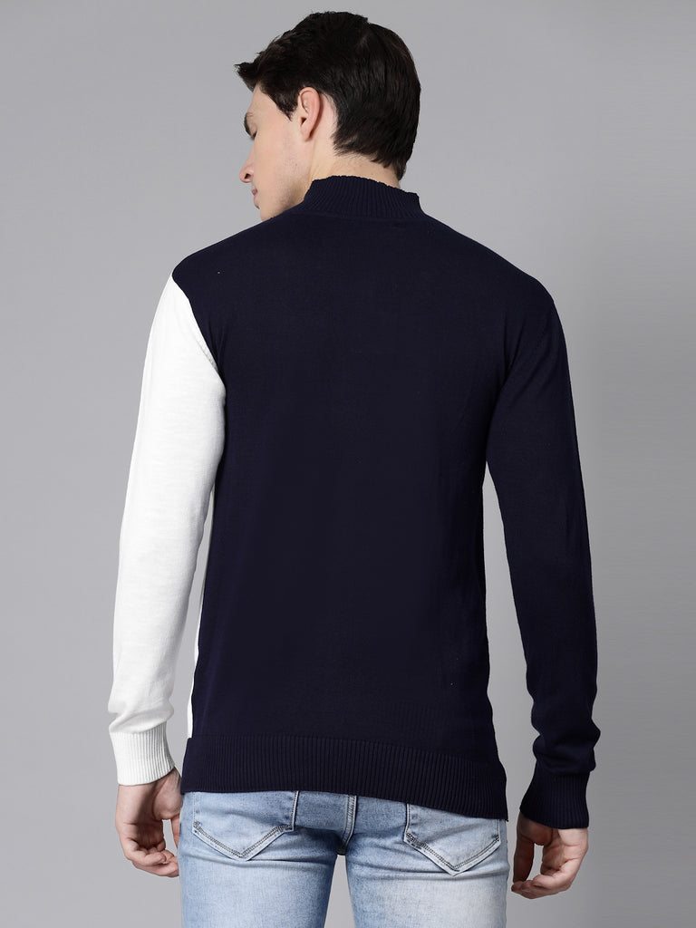Style Quotient Men Navy Blue White Colourblocked Pullover sweatshirt-Sweaters-StyleQuotient
