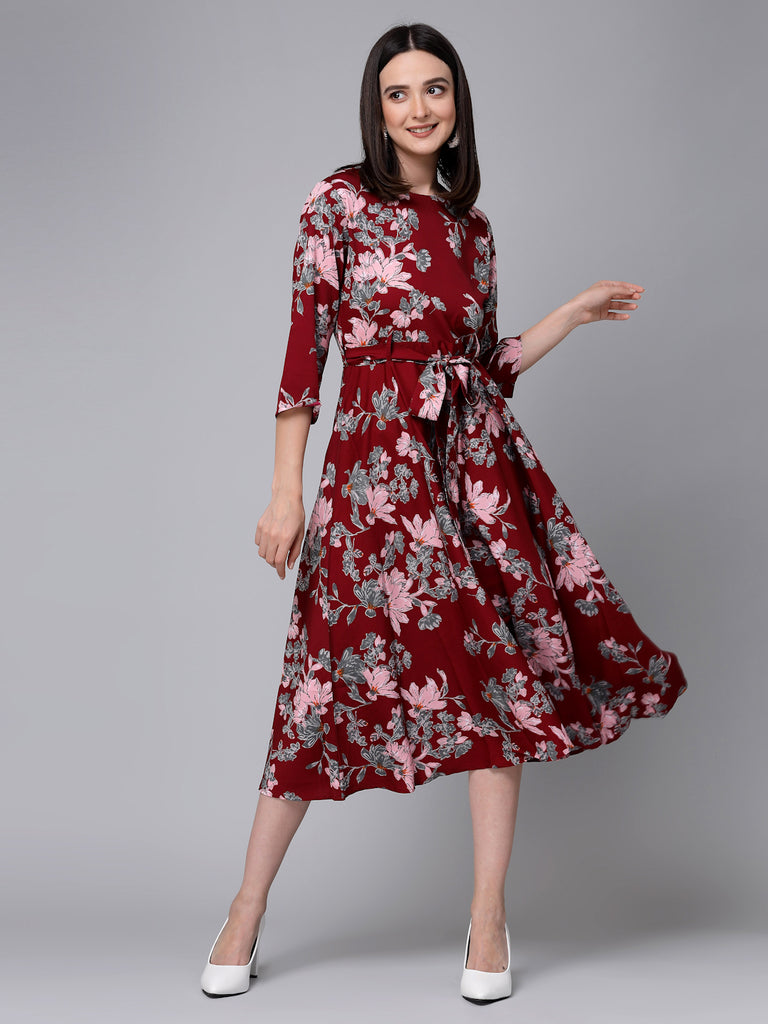 Stylel Quotient Women Floral Printed Wine and Multi Polyester Smart Casual Dress-Dressers-StyleQuotient