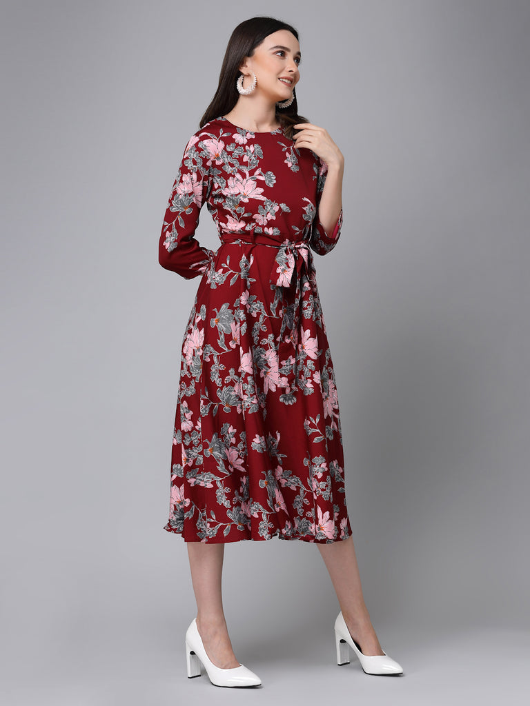 Stylel Quotient Women Floral Printed Wine and Multi Polyester Smart Casual Dress-Dressers-StyleQuotient
