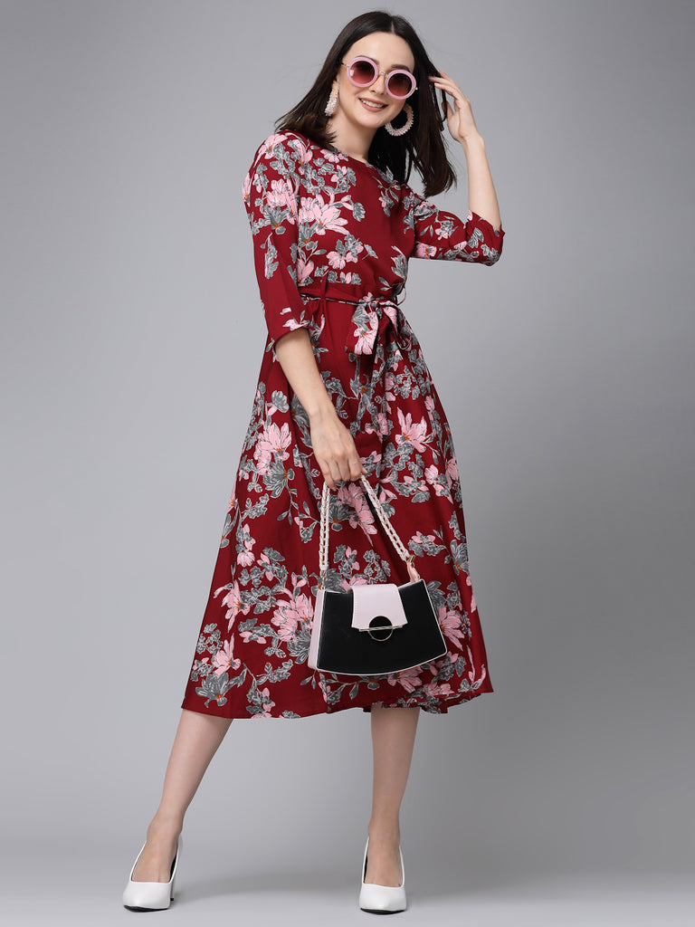 Stylel Quotient Women Floral Printed Wine and Multi Polyester Smart Casual Dress-Dressers-StyleQuotient