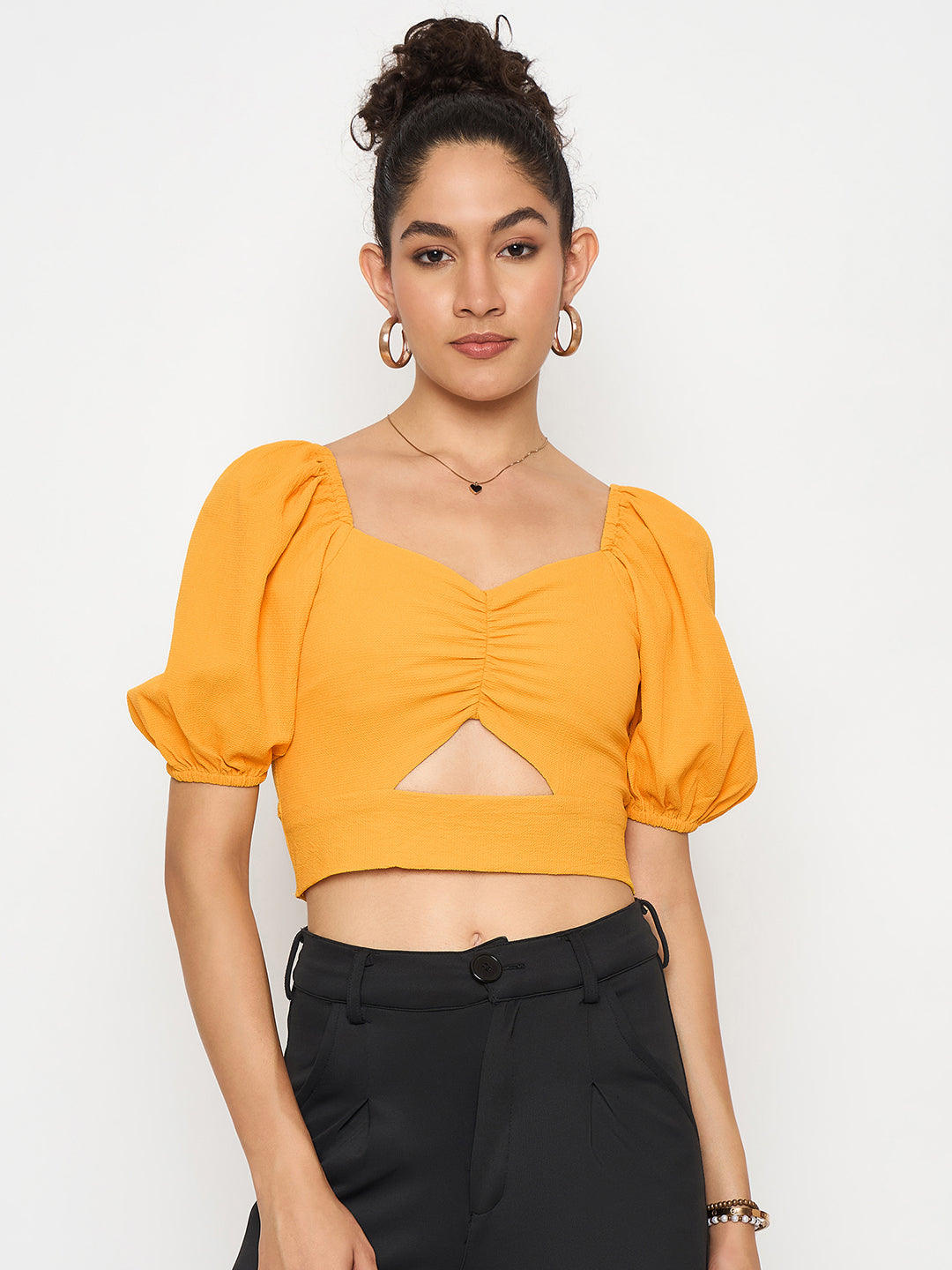 Style Quotient Women Yellow Solid Cut-Out Detail Smocked Bardot Crop Top-Tops-StyleQuotient