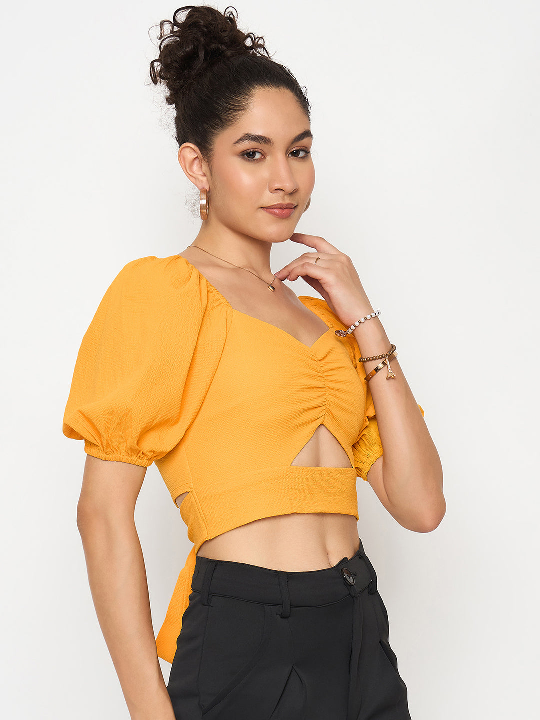 Style Quotient Women Yellow Solid Cut-Out Detail Smocked Bardot Crop Top-Tops-StyleQuotient